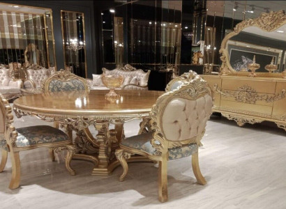 Luxus Garnitur Set Esszimmer Esstisch Stuhl Kommode Spiegel Stühle Tisch 7tlg.