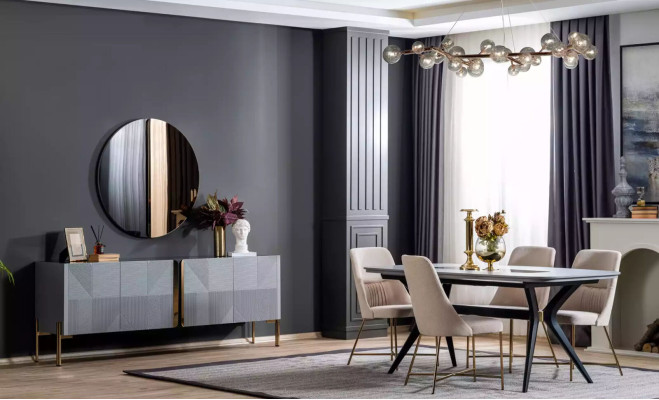 Moderner, definitiv schöner Tisch mit Stühlen in Grau- und Beigetönen 