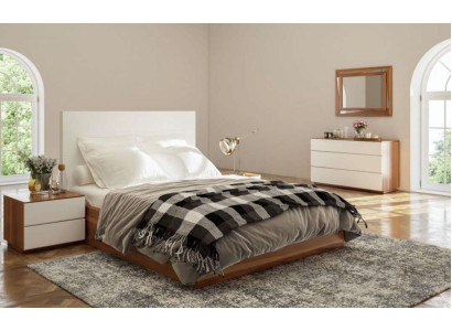 Weiß-Braunes Schlafzimmer Set Luxus Holzmöbel Bett Nachttische Kommode