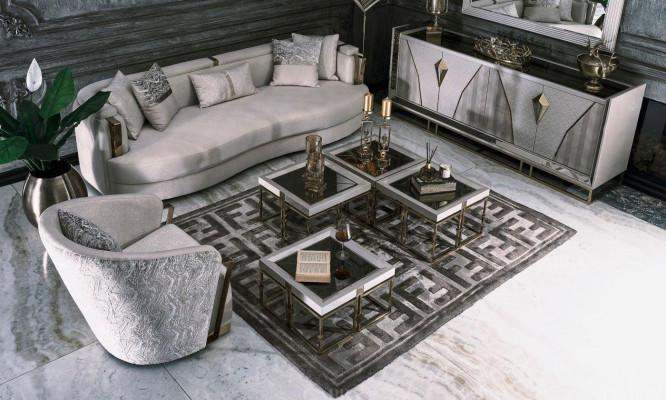 Luxus Garnitur Stoffsofa Sessel Wohnzimmer Couchtische Set 7tlg Grau