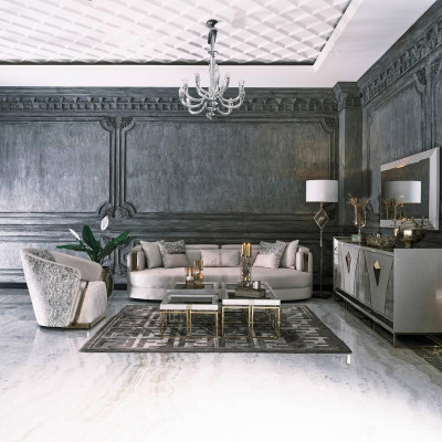 Luxus Garnitur Stoffsofa Sessel Wohnzimmer Couchtische Set 7tlg Grau