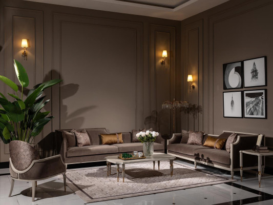 Komplette Couchgarnitur Viersitzer 4 Sitz Stoffsofa Sessel Braun 3tlg