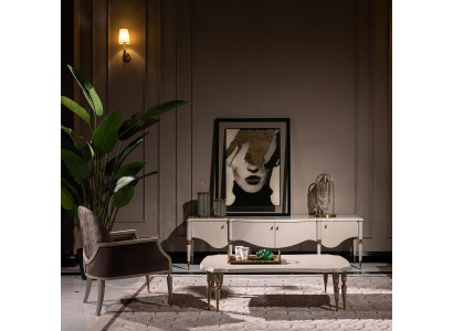 Set Wohnzimmer Sessel Stoff Couchtisch RTV Lowboard 3tlg Beige Holz