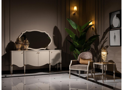 Wohnzimmer Garnitur 4tlg Sessel Beistelltisch Sideboard Spiegel Beige