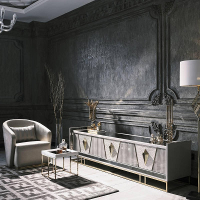 Komplette Wohnzimmer Sessel Beistelltisch Set 3tlg Grau RTV Lowboard