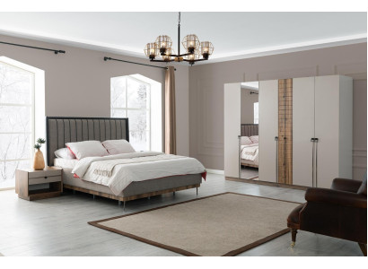 Schlafzimmer Moderne Garnitur Textil Doppelbett Holz Kleiderschrank 4tlg