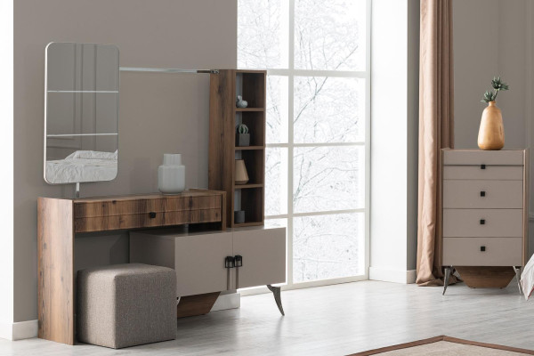 Graue Schlafzimmer Garnitur Doppelbett 2x Nachttische Holz Schminktisch