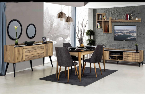 Schwarz-Braunes Esszimmer Set Esstisch 4x Stühle Sideboard Spiegel 8tlg