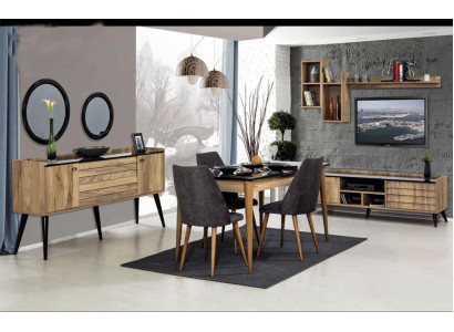 Schwarz-Braunes Esszimmer Set Esstisch 4x Stühle Sideboard Spiegel 8tlg