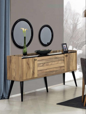 Schwarz-Braunes Esszimmer Set Esstisch 4x Stühle Sideboard Spiegel 8tlg