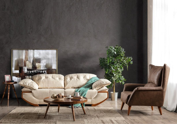 Weiß-Braune Wohnzimmer Couchgarnitur Designer Dreisitzer Luxus Sessel