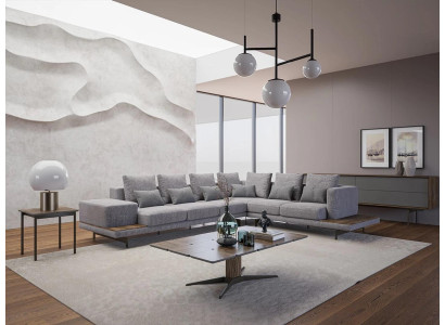 Luxus Grau Polstersofa L-Form Holz Couchtisch mit Beistelltisch Wohnzimmer