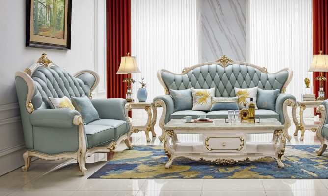 6tlg.Set (Sofagarnitur 3+2+1 Sitzer + Couchtisch + 2x Beistelltisch Massivholz