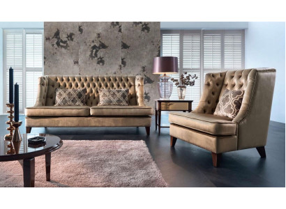 Sofagarnitur Sofa Garnitur 3 Sitzer Sessel Chesterfield Modern Stoff Braun 3tlg