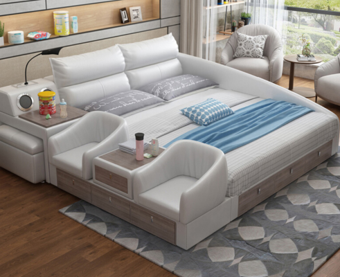 Bett Multifunktion Regal Schrank USB Ladestation Doppel Leder Betten