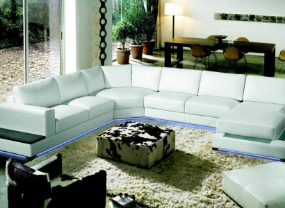 Große Ledersofa Couch Sitz Polster Eck Garnitur Wohnlandschaft mit Beleuchtung