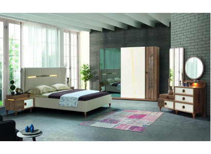 Schlafzimmer Set Bett 2x Nachttische 5tlg Design Textil Holz Kleiderschrank