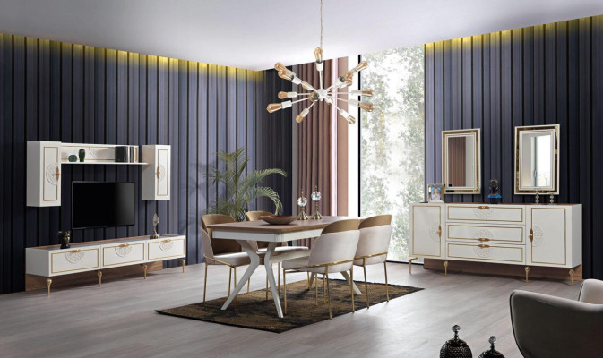 Esszimmer Essgruppe Set Tisch 4x Stühle Anrichte 2x Spiegel 8tlg neu