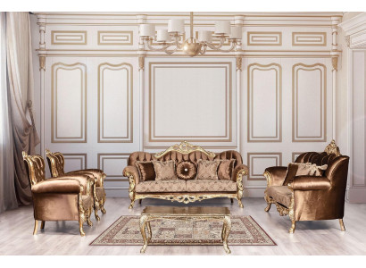 Goldene Samt Couch Set Chesterfield Sofagarnitur Sofa Möbel Holz 5tlg