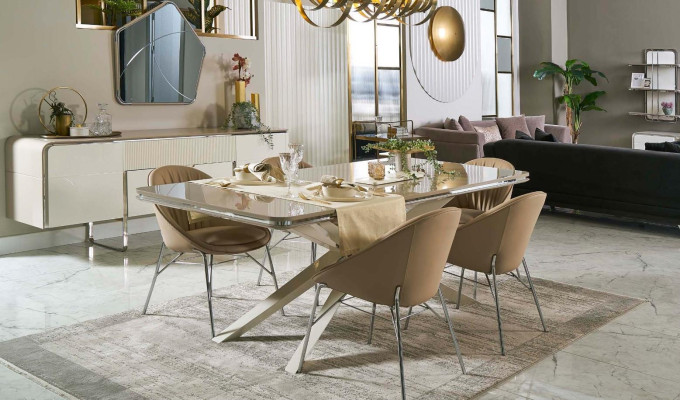 Essgruppe Esszimmermöbel Holz Esstisch Essecke Beige Esszimmer 9tlg