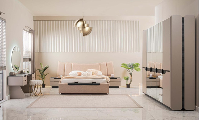 Doppelbett Komplette Bett Schlafzimmer Modern Beige Set 6tlg Schrank