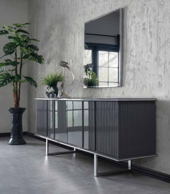 Luxus Esszimmer Set 6tlg Esstisch mit 4x Stühle Design Sideboard mit Spiegel