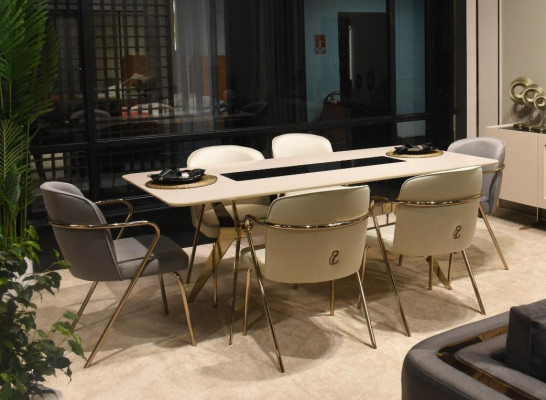 Luxuriöse Esszimmer Set Esstisch + 6x Stühle + Sideboard mit Spiegel