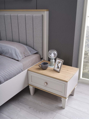 Garnitur Doppelbett Schlafzimmer Bett Nachttische Grau Holz Set 3tlg