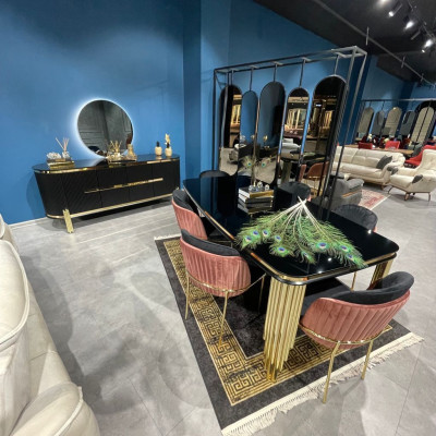 Esszimmermöbel Esstisch Edelstahltisch Goldene Holzmöbel Schwarz Modern