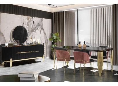 Esszimmer Schwarz Gold Essgarnitur Möbel Essecke Stühle Sideboard 6tlg