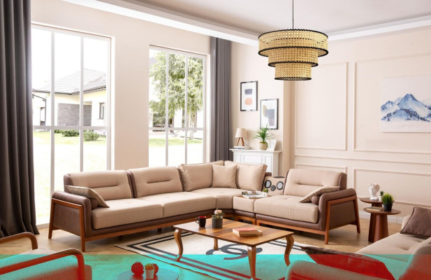 Luxus Ecksofa L-Form Beige Wohnzimmer Möbel Couch Multifunktion Couchen Modern