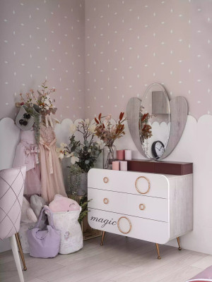 Designer Kinderzimmer Set Bett Spiegel Kommode Nachttische Rosa Holz