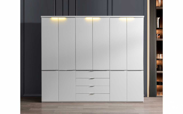 Weiß-Graue Schlafzimmer Möbel Textilbett Nachttisch Kleiderschrank 4tlg