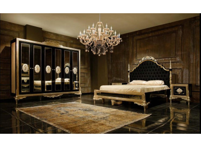 Schwarze Schlafzimmergarnitur Luxus Bett 2x Nachttische Kommode Schrank