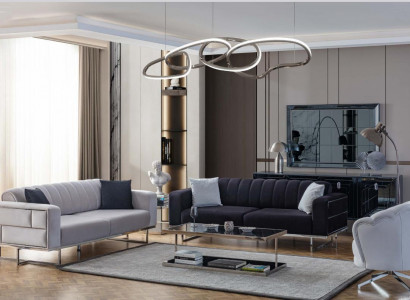 Graue Wohnzimmer Couchen Designer Polster Dreisitzer Textil Sessel 3tlg