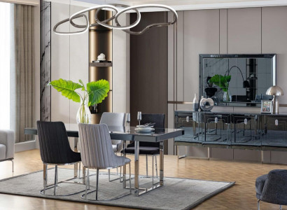 Moderne Esszimmer Möbel Holzesstisch 4x Textilstühle Anrichte Spiegel