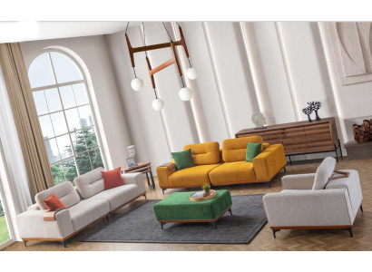 Großes Wohnzimmer Set 3 Textil Sofas Polsterhocker 3x Beistelltische