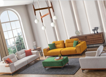 Großes Wohnzimmer Set 3 Textil Sofas Polsterhocker 3x Beistelltische