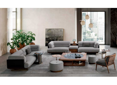 Luxus Wohnzimmer Set Grau Sofa mit Sessel 2x Hocker Modernen Design