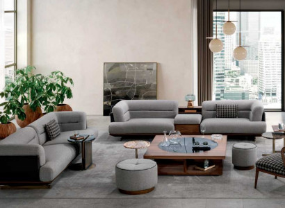 Luxus Wohnzimmer Set Grau Sofa mit Sessel 2x Hocker Modernen Design