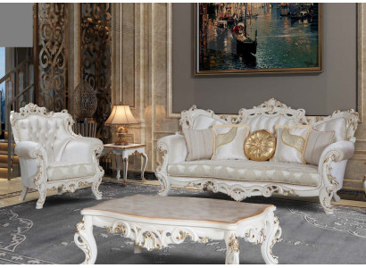 Chesterfield Sofa Polster Garnitur 3+1 Sitz Weiß Textil Dreisitzer Couchtisch