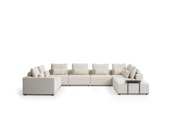 Wohnlandschaft U-Form Sofa Weiß Polstermöbel Textil Sofa Holzgestell