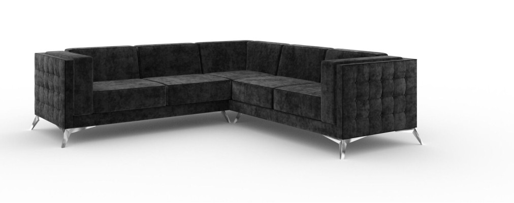 Schwarze Samt Design Ecksofa Chesterfield Sofa Couch Wohnlandschaft Stoff Sitz