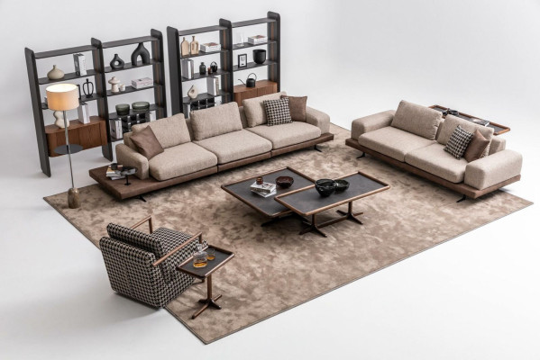 Braunes Textil Sofa Set Wohnzimmer Couche Dreisitzer Luxus Holzmöbel
