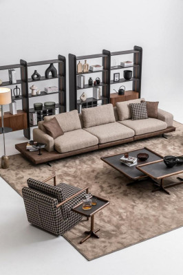 Braunes Textil Sofa Set Wohnzimmer Couche Dreisitzer Luxus Holzmöbel