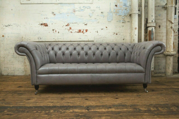 Grauer Chesterfield Dreisitzer Exklusive Wohnzimmer Couch