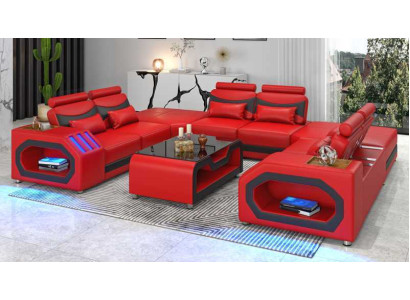 Design Wohnlandschaft Großes Sofa XXL U Form Ecksofa Ledersofa Rot LED
