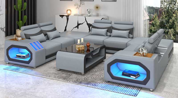 Design Wohnlandschaft Großes Sofa XXL U Form Ecksofa Ledersofa Rot LED
