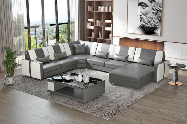 Große Wohnlandschaft Sofa Ecksofa U Form Grau Kunstleder XXL Modern
