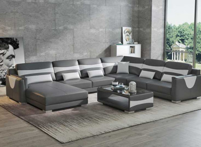 Wohnlandschaft Sofa U Form Groß Ecksofa Ledersofa Grau Kunstleder Neu
